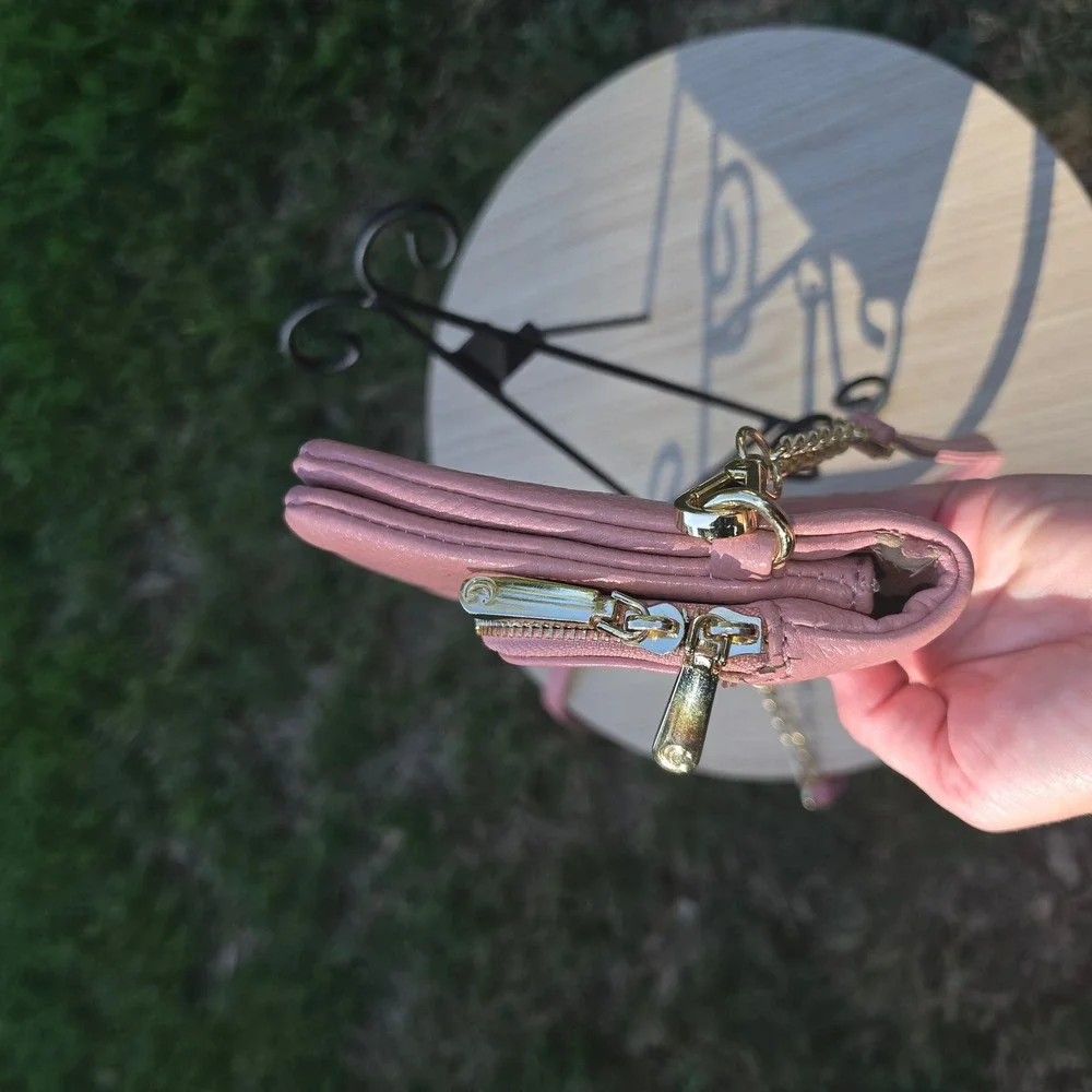 Pink Pebbled Faux Leather Crossbody Bag with Gold Hardware and Chain Strap